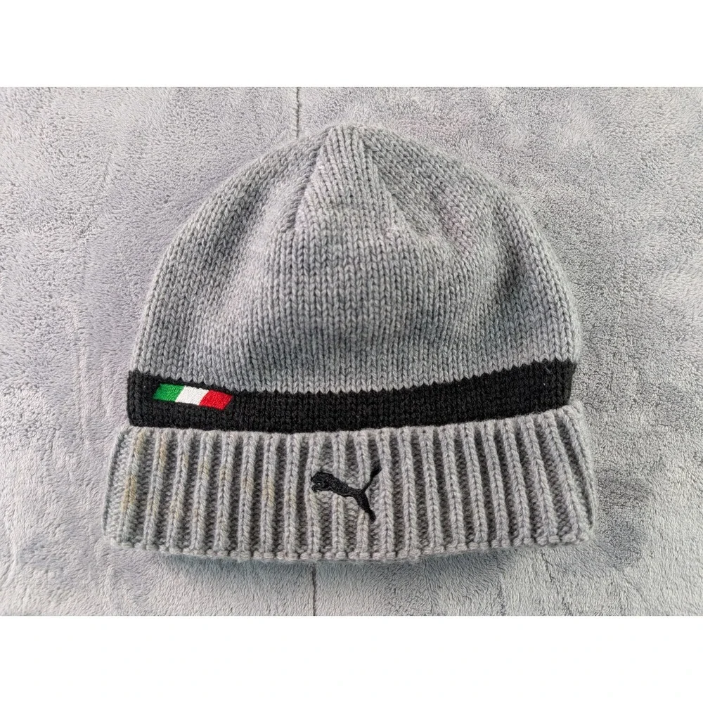 Puma Ferrari 10th Anniversary Partnership Knit Beanie Hat Grey Black Stripe